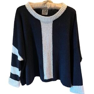 PLANET by Laura G Navy and White Pima Cotton Bouclé Sweater. One Size Fits All.
